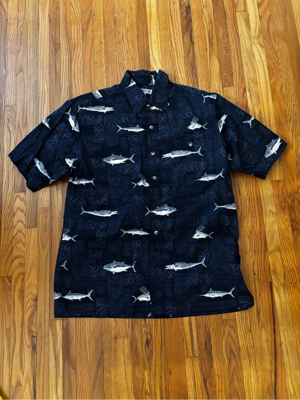 Navy Short-Sleeve Fish Print Button-Down Shirt